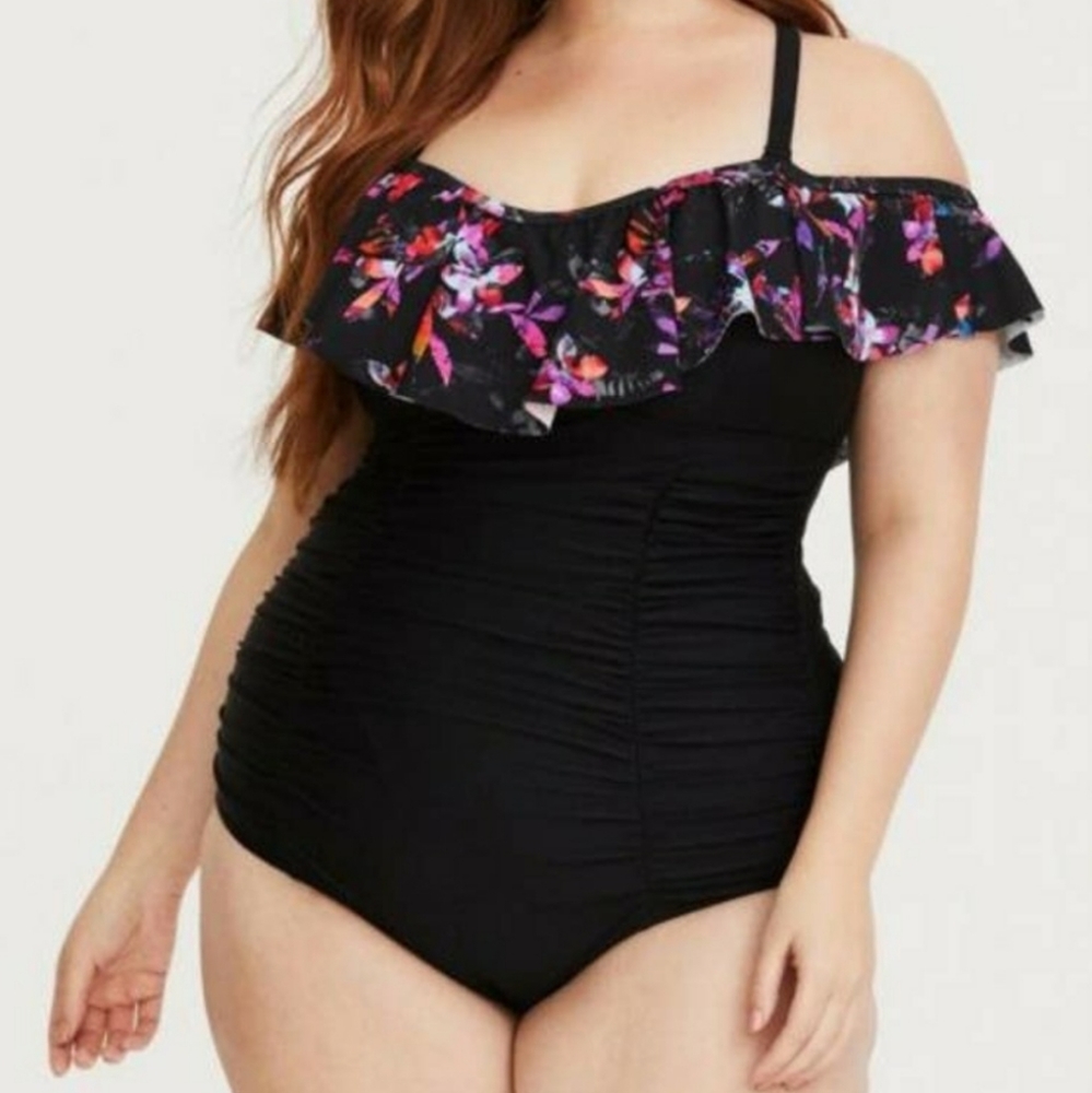 Torrid Swimsuit‎ Floral Off Shoulder Ruched Black One Piece 1X